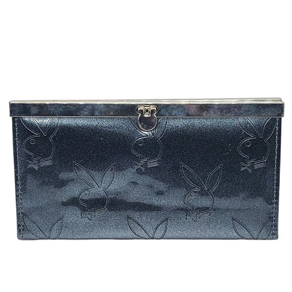 Y2K Playboy Dark Glitter Grey Embossed Bunny Logo Flip and Snap Closure Wallet - Picture 1 of 11